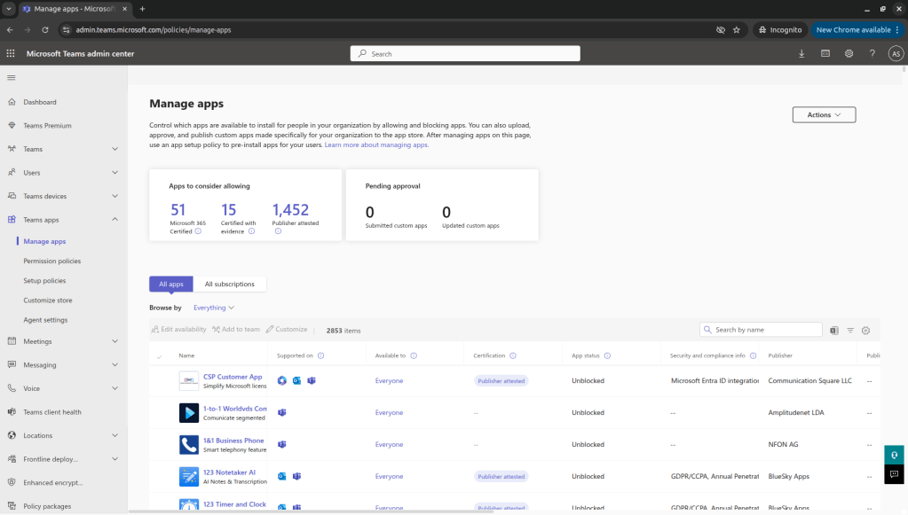 Microsoft Teams Admin Center — Manage Apps