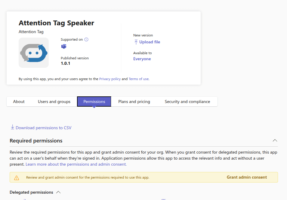 Permissions tab with Grant admin consent button