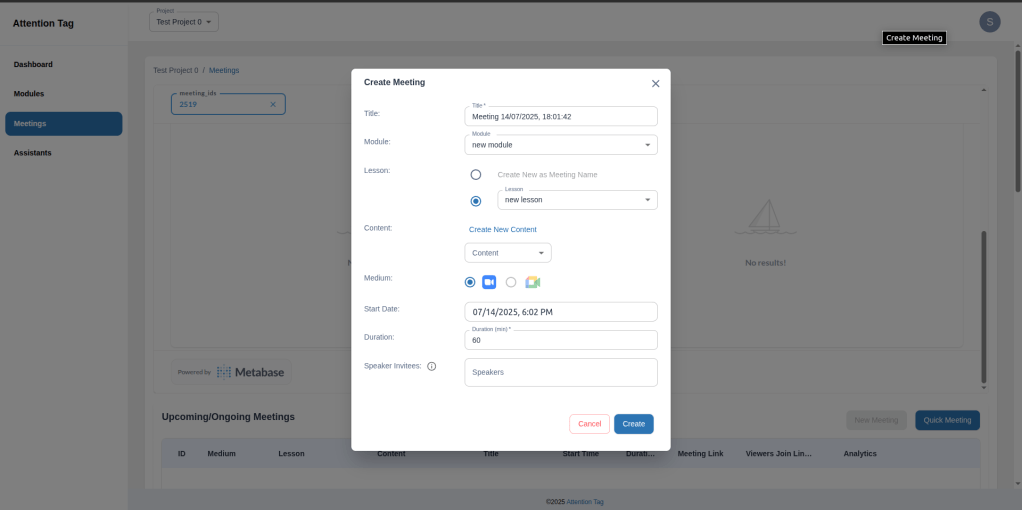 Create Meeting dialog