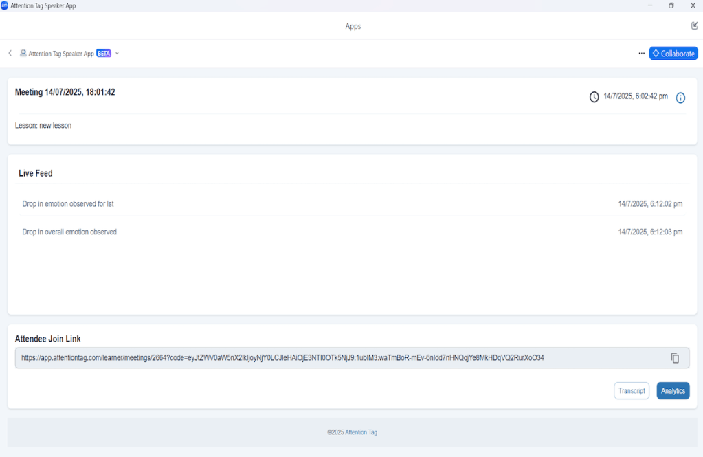 Attention Tag Speaker App showing live engagement feed