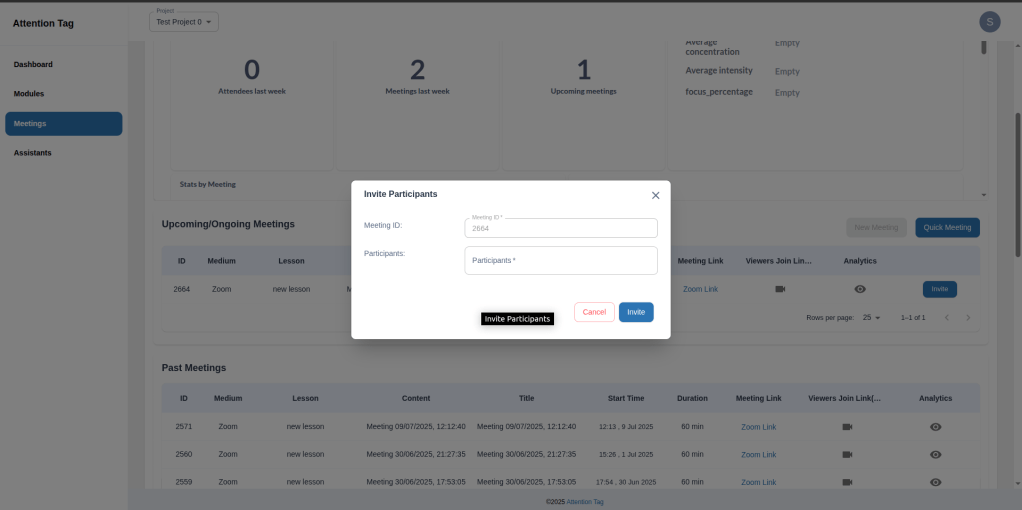 Meetings list with attendee join link