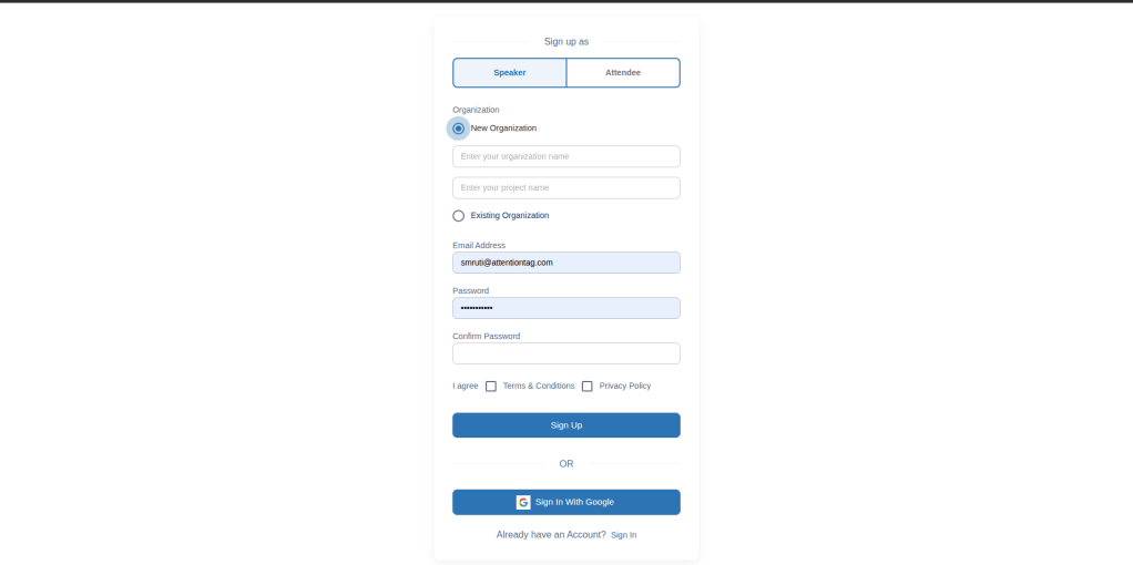 AttentionTag sign up page