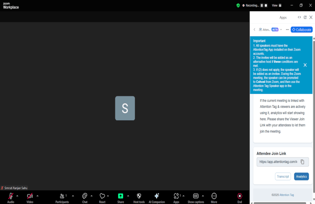 Attention Tag Speaker App open inside Zoom